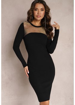 Czarna Sukienka Midi ze Sweterkowego Materiału z Dekoltem z Siateczki w Cyrkonie Lumino ze sklepu Renee odzież w kategorii Sukienki - zdjęcie 165668224