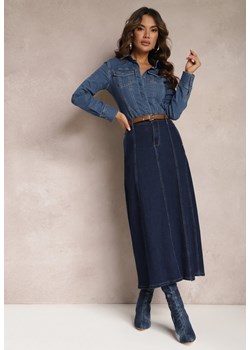 Granatowa Jeansowa Spódnica Maxi z Regularną Talią i Przeszyciami Bellezza ze sklepu Renee odzież w kategorii Spódnice - zdjęcie 165668410