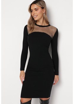 Czarna Sweterkowa Sukienka Midi z Okrągłym Dekoltem i Ozdobnymi Cyrkoniami Adorne ze sklepu Born2be Odzież w kategorii Sukienki - zdjęcie 165668632