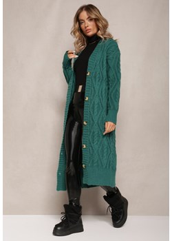Zielony Długi Kardigan Zapinany na Guziczki Ozdobiony Geometrycznym Splotem Erellia ze sklepu Renee odzież w kategorii Swetry damskie - zdjęcie 165704480
