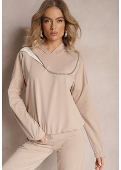 Beżowa Asymetryczna Bluza z Bawełny z Kapturem i Ozdobnym Suwakiem Lueur ze sklepu Renee odzież w kategorii Bluzy damskie - zdjęcie 165704510