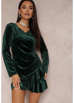 Ciemnozielona Sukienka Welurowa z Marszczeniem i Falbanką Moke ze sklepu Renee odzież w kategorii Sukienki - zdjęcie 165738191