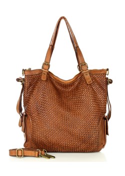 Miejska torebka z regulowanymi rączkami shopper pleciona skóra handmade - MARCO MAZZINI brąz karmel ze sklepu Verostilo w kategorii Torby Shopper bag - zdjęcie 165745404