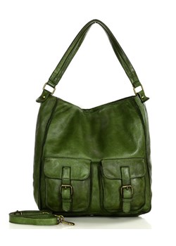 Torebka skórzana na ramię z kieszonkami safari leather bag - MARCO MAZZINI zielona ze sklepu Verostilo w kategorii Listonoszki - zdjęcie 165745844
