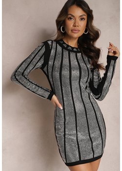 Czarno-Srebrna Sukienka Mini z Długim Rękawem w Cyrkonie Zerina ze sklepu Renee odzież w kategorii Sukienki - zdjęcie 165794793