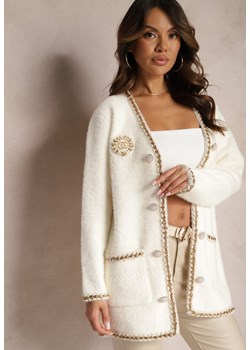 Biały Puchaty Kardigan na Biżuteryjne Guziki z Łańcuszkami Bellapi ze sklepu Renee odzież w kategorii Swetry damskie - zdjęcie 165809550