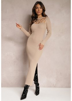 Beżowa Dopasowana Sukienka Maxi z Ażurowym Dekoltem i Rozcięciem na Nogę Fonelia ze sklepu Renee odzież w kategorii Sukienki - zdjęcie 165809560