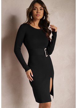 Czarna Sweterkowa Sukienka Mini z Ozdobnym Paskiem i Rozcięciem Helinor ze sklepu Renee odzież w kategorii Sukienki - zdjęcie 165870402