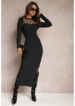 Czarna Dopasowana Sukienka Maxi z Ażurowym Dekoltem i Rozcięciem na Nogę Fonelia ze sklepu Renee odzież w kategorii Sukienki - zdjęcie 165870512