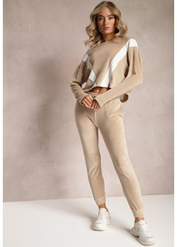 Beżowy 2-częściowy Komplet Dresowy Welurowy z Bluzą i Spodniami Vestali ze sklepu Renee odzież w kategorii Dresy damskie - zdjęcie 165995924