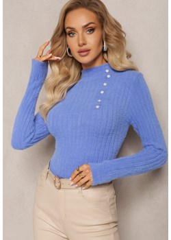 Niebieski Wełniany Sweter z Biżuteryjnymi Guzikami i Dłuższym Włosiem Tuvelio ze sklepu Renee odzież w kategorii Swetry damskie - zdjęcie 166002190