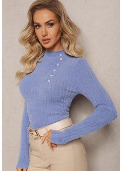 Jasnoniebieski Wełniany Sweter z Biżuteryjnymi Guzikami i Dłuższym Włosiem Tuvelio ze sklepu Renee odzież w kategorii Swetry damskie - zdjęcie 166002200