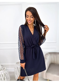 Granatowa Sukienka z Ozdobnym Rękawem ze sklepu ModnaKiecka.pl w kategorii Sukienki - zdjęcie 166026632