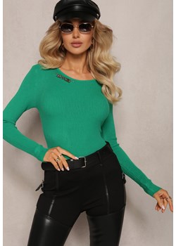 Zielony Klasyczny Sweter z Prążkowanej Dzianiny z Ozdobną Klamerką Idellia ze sklepu Renee odzież w kategorii Swetry damskie - zdjęcie 166034482