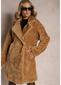 Ciemnobeżowy Płaszcz Typu Teddy z Futerka z Kieszeniami Serenzi ze sklepu Renee odzież w kategorii Płaszcze damskie - zdjęcie 166041384