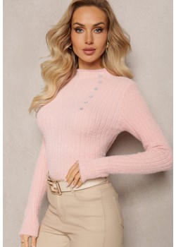 Jasnoróżowy Wełniany Sweter z Biżuteryjnymi Guzikami i Dłuższym Włosiem Tuvelio ze sklepu Renee odzież w kategorii Swetry damskie - zdjęcie 166042153
