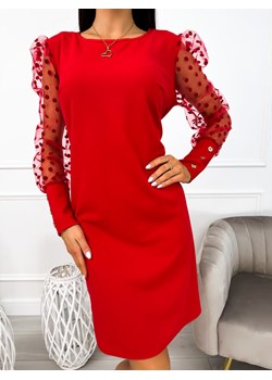 Czerwona Sukienka z Ozdobnym Rękawem ze sklepu ModnaKiecka.pl w kategorii Sukienki - zdjęcie 166078142