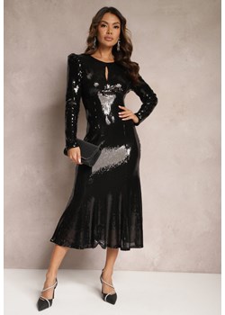 Czarna Cekinowa Sukienka Taliowana Midi z Falbanką Versilia ze sklepu Renee odzież w kategorii Sukienki - zdjęcie 166083620