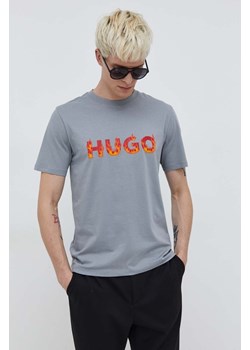HUGO t-shirt bawełniany męski kolor szary z nadrukiem ze sklepu ANSWEAR.com w kategorii T-shirty męskie - zdjęcie 166083942
