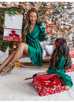 Zestaw świątecznych satynowych sukienek mama i córka Lozmiaa - butelkowa zieleń - butelkowa zieleń ze sklepu pakuten.pl w kategorii Sukienki - zdjęcie 166143714