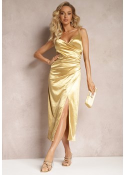 Złota Sukienka Midi na Ramiączkach z Marszczeniem Rolina ze sklepu Renee odzież w kategorii Sukienki - zdjęcie 166145550