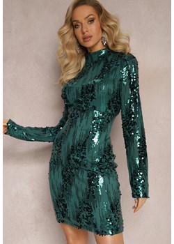 Zielona Dopasowana Sukienka Mini z Półgolfem w Cekiny Palmanova ze sklepu Renee odzież w kategorii Sukienki - zdjęcie 166145650