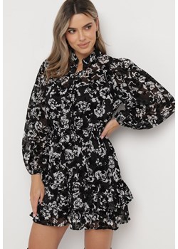 Czarna Rozkloszowana Sukienka Mini w Kwiaty z Falbanką Matera ze sklepu Born2be Odzież w kategorii Sukienki - zdjęcie 166145853