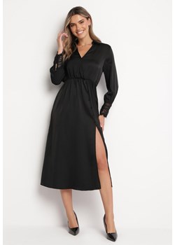 Czarna Sukienka Midi z Gumką w Talii i Koronkowym Zdobieniem Vionia ze sklepu Born2be Odzież w kategorii Sukienki - zdjęcie 166145873