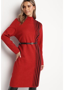 Czerwona Sukienka Midi z Półgolfem o Prostym Fasonie z Paskami Pregora ze sklepu Born2be Odzież w kategorii Sukienki - zdjęcie 166146033