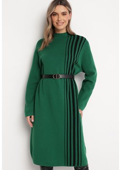 Zielona Sukienka Midi z Półgolfem o Prostym Fasonie z Paskami Pregora ze sklepu Born2be Odzież w kategorii Sukienki - zdjęcie 166146043