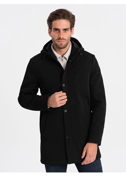 Męski ocieplany płaszcz z kapturem i krytym zamkiem - czarny V1 OM-COWC-0110 ze sklepu ombre w kategorii Płaszcze męskie - zdjęcie 166151290