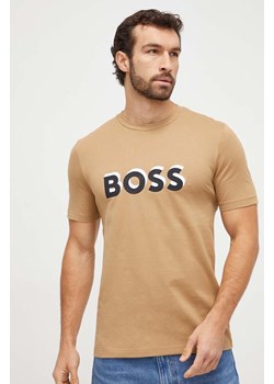 BOSS t-shirt bawełniany męski kolor beżowy z nadrukiem ze sklepu ANSWEAR.com w kategorii T-shirty męskie - zdjęcie 166152091