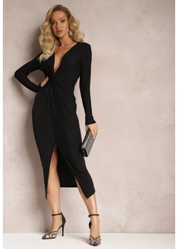 Czarna Dopasowana Sukienka Midi z Ozdobnym Wiązaniem Cagliara ze sklepu Renee odzież w kategorii Sukienki - zdjęcie 166164434