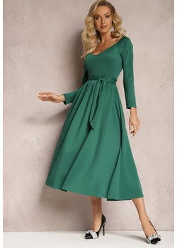 Zielona Sukienka Midi o Rozszerzanym Kroju z Paskiem w Talii i Dekoltem w Serek Vividia ze sklepu Renee odzież w kategorii Sukienki - zdjęcie 166164464
