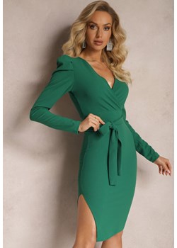 Zielona Dopasowana Sukienka Midi z Głębokim Dekoltem z Bufiastymi Rękawami i Paskiem Dolcito ze sklepu Renee odzież w kategorii Sukienki - zdjęcie 166164474