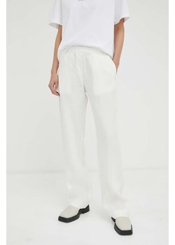 Samsoe Samsoe spodnie lniane damskie kolor beżowy szerokie high waist ze sklepu PRM w kategorii Spodnie damskie - zdjęcie 166193124