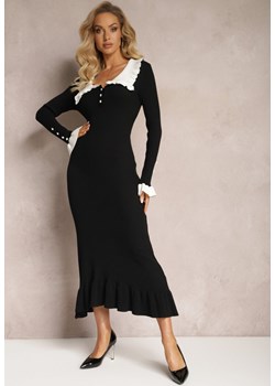 Czarna Sweterkowa Sukienka Midi z Wywiniętym Kołnierzem i Falbankami Totfara ze sklepu Renee odzież w kategorii Sukienki - zdjęcie 166208010