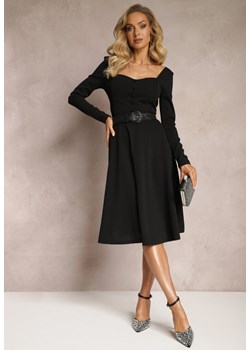 Czarna Rozkloszowana Sukienka Midi z Guzikami i Głębokim Dekoltem Salaria ze sklepu Renee odzież w kategorii Sukienki - zdjęcie 166208154