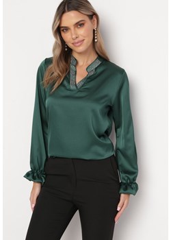Zielona Bluzka Satynowa z Cyrkoniami Galmo ze sklepu Born2be Odzież w kategorii Bluzki damskie - zdjęcie 166208704