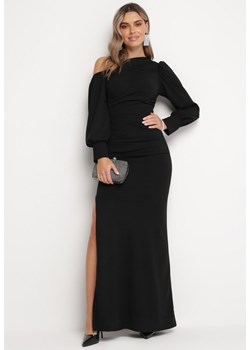 Czarna Asymetryczna Sukienka Maxi z Bufiastymi Rękawami i Marszczeniami Solaia ze sklepu Born2be Odzież w kategorii Sukienki - zdjęcie 166208852