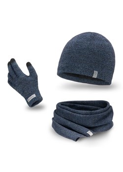 PaMaMi Komplet męski na zimę - Czapka, szalik, rękawiczki - Granatowy ze sklepu JK-Collection w kategorii Czapki zimowe męskie - zdjęcie 166223944