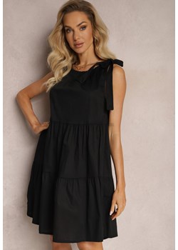Czarna Bawełniana Sukienka Mini z Przeszyciami i Kokardką Rosami ze sklepu Renee odzież w kategorii Sukienki - zdjęcie 166243631