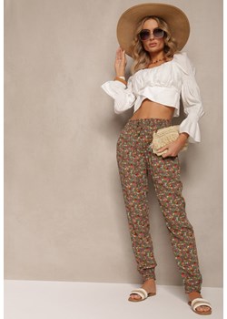 Ciemnozielone Spodnie w Kwiaty z Wiskozy z Gumką w Pasie Calariena ze sklepu Renee odzież w kategorii Spodnie damskie - zdjęcie 166243661