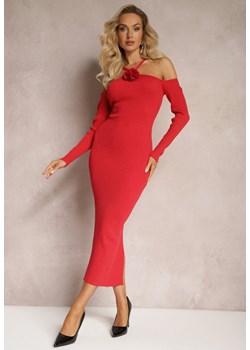 Czerwona Prążkowana Sukienka Midi Zdobiona Metaliczną Nicią i Kwiatem Zorella ze sklepu Renee odzież w kategorii Sukienki - zdjęcie 166259344