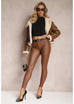 Brązowe Spodnie Skinny z Imitacji Skóry Marbla ze sklepu Renee odzież w kategorii Spodnie damskie - zdjęcie 166259414