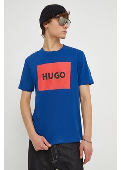 HUGO t-shirt bawełniany kolor niebieski z nadrukiem 50467952 ze sklepu ANSWEAR.com w kategorii T-shirty męskie - zdjęcie 166272081