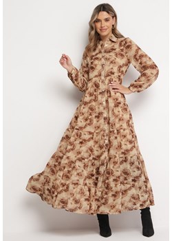 Beżowa Koszulowa Sukienka Maxi z Falbanką Mersa ze sklepu Born2be Odzież w kategorii Sukienki - zdjęcie 166281110