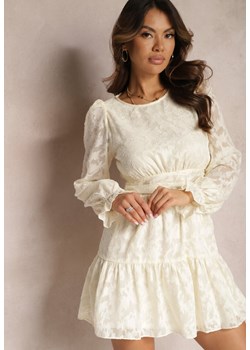 Jasnobeżowa Rozkloszowana Sukienka Mini z Tkaniny Plumeti Marsane ze sklepu Renee odzież w kategorii Sukienki - zdjęcie 166289323