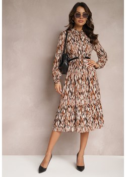 Brązowa Sukienka Midi z Gumką w Pasie i Wiązaniem Zercella ze sklepu Renee odzież w kategorii Sukienki - zdjęcie 166321262