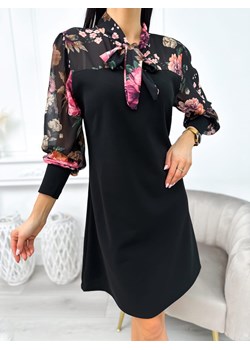 Czarna Sukienka ze Wstawką w Kwiaty ze sklepu ModnaKiecka.pl w kategorii Sukienki - zdjęcie 166383542